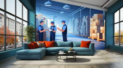 warehouse three workers- one man and two woman in a special blue uniform is recording and accounting of contents in cardboard boxes in stock  with generative ai Wall mural