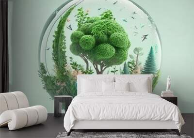 World environment and earth day concept with glass globe and eco friendly environment, generative ai Wall mural