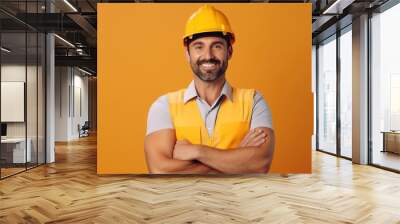 Young architect man wearing builder safety helmet over isolated background happy face smiling with crossed arms with generative ai Wall mural