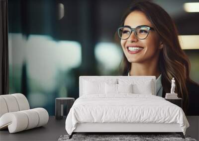 Young happy cheerful professional business woman, happy laughing female office worker wearing glasses looking away at copy space advertising job opportunities or good business services Wall mural