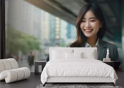 Young successful smiling pretty Asian business woman, korean professional businesswoman holding cellphone using phone standing on big city urban street, generative ai Wall mural