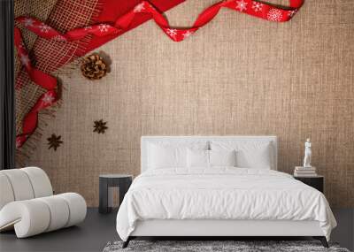 Christmas decoration background over linen cloth. Wall mural