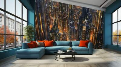 A magnificent modern cityscape with lights illuminating the various structures. The city is filled with tall skyscrapers that reach towards the sky. The lights add a touch of glamour and excitement. T Wall mural