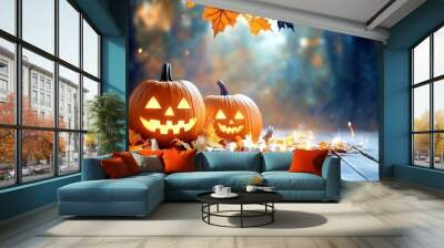 A Halloween-themed family bonfire with pumpkins glowing around the fire pit Wall mural