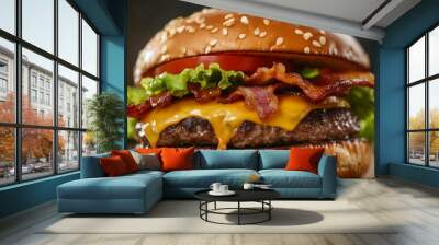 Close-up of a juicy cheeseburger with melted cheese crispy bacon Wall mural