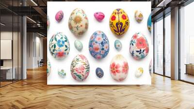 Collection of colourful hand painted decorated easter eggs on white background cutout file. Pattern and floral set. Many different design. Mockup template for artwork design Wall mural