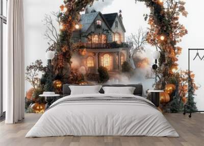 Halloween decorations featuring glowing pumpkins string lights Wall mural