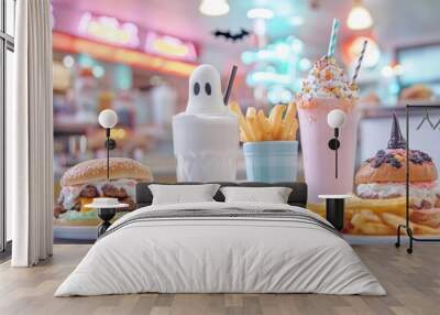 Halloween-themed American diner menu featuring spooky milkshakes eerie ghost burgers Wall mural