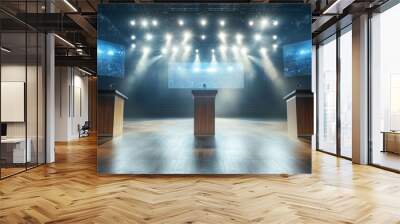 Political debate stage with bright overhead lights Wall mural