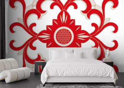 Red white symmetrical floral design pattern. Floral intricate detailed ornate abstract art background. Wallpaper, decoration, graphics, vector, illustration. Wall mural