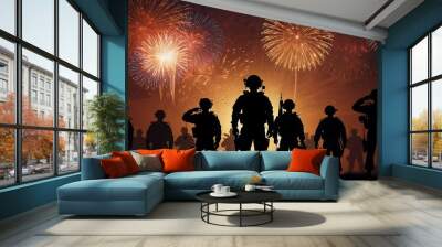 silhouette of men soldiers troops standing celebrating independence day Wall mural