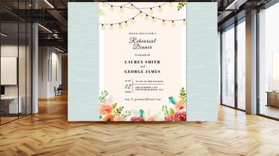 rehearsal dinner invitation with floral watercolor and string light background Wall mural