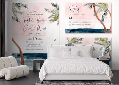 wedding invitation set with beach tropical palm tree watercolor landscape Wall mural