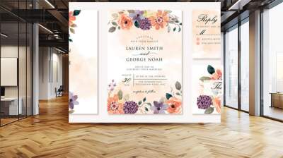 wedding invitation set with beautiful purple orange flower watercolor Wall mural