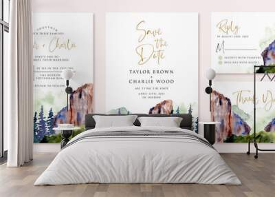 wedding invitation set with canyon landscape watercolor background Wall mural