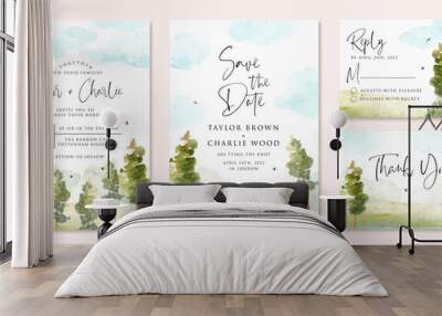 wedding invitation set with green landscape and blue sky watercolor Wall mural