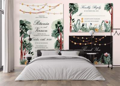 wedding invitation set with tree and string light watercolor background Wall mural