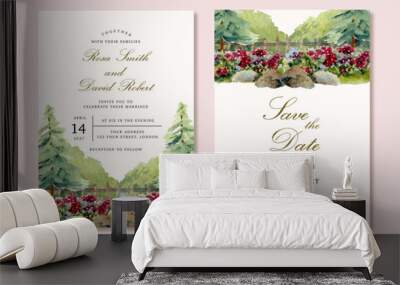 wedding invitation with beautiful watercolor landscape Wall mural