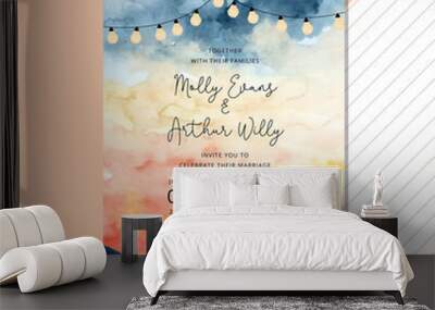 Wedding invitation with string light and landscape watercolor background Wall mural