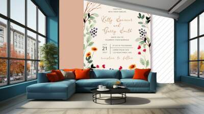 wedding invitation with wildflower watercolor frame Wall mural