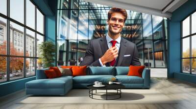 a man in a suit standing in front of a modern glass building. He is smiling and adjusting his tie. The man looks confident and successful. The image evokes a sense of professionalism and ambition. The Wall mural