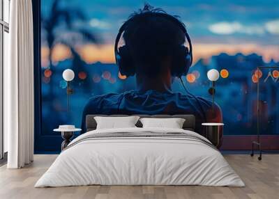 A man wearing headphones is sitting in front of a window. The window has a view of the city and the man is looking out at the lights Wall mural