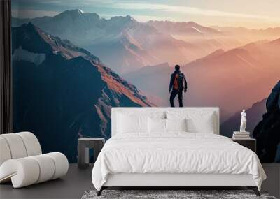 Adventure and exploration in heart of nature. Lone traveler adorned with backpack stands triumphantly on mountain peak gazing at breathtaking panoramic. Rugged terrain dusted with snow touch of winter Wall mural