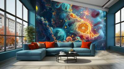 Blue underwater scene with coral reef and fish for background design Wall mural