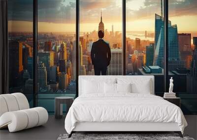 Business aspirations touching sky businessman gaze on cityscape high. Silhouettes of success dreams in urban lights future promise in professional. In heart of city ambitions fly leader stands goals Wall mural