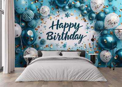 Celebration of joy happy birthday delights balloons rise confetti in flight. Festival of life in colors so bright greetings and wishes in party light. Golden moments framed day so fine memories Wall mural