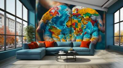 Colorful World Map on Hands, To convey the concept of global influences and cultural diversity through a unique and eye-catching design featuring a Wall mural