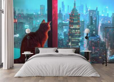 Curious Felines Vibrant Cityscape Adventure in a Digital Realm Wall mural