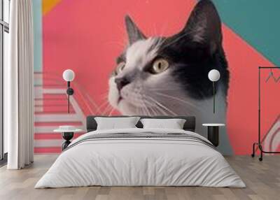 Cute Cat Posing Against a Vibrant Minimalist Geometric Digital Wallpaper Wall mural