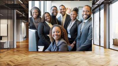 Diverse group of business professionals stands together exuding happiness and success in modern office setting showcasing perfect blend of teamwork and camaraderie smiles reflect strong sense of work Wall mural