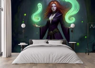 Enchanted Sorceress Conjuring Spirits under a Full Moon Wall mural