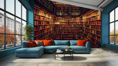 Expansive Academic Library with Rich Wooden Bookshelves and Endless Volumes of Knowledge Wall mural