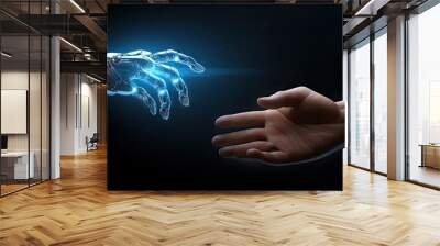 Future of collaboration. Thought provoking image captures essence of future technology and humanity converge. Robotic hand extends in gesture of connection symbolizing potential Wall mural