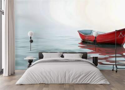 Lone Red Boat Drifting Peacefully on Calm Serene Waters with Reflection Nautical Solitary Vessel of Salvation Concept Wall mural