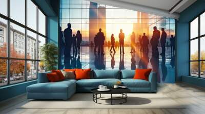 Silhouetted corporate connection. Diverse group of business professionals in city airport discussing and planning against backdrop of sunset. Urban dynamics. Team of walking through airport terminal Wall mural