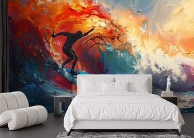 Vibrant Palette Knife Surfer Art Surfer Riding a Huge Ocean Wave Wall mural