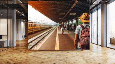 Young traveler at modern railway station. Urban landscape stylish man stands alone on platform backpack ready for journey Wall mural