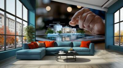 A close-up of a tablet displaying augmented reality (AR) real estate listings, with a hand reaching towards a highlighted property, representing the future of real estate investment technology. Wall mural