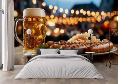 A plate of Bavarian sausages with sauerkraut, complemented by a beer mug, set against the festive backdrop of Oktoberfest decorations. Wall mural