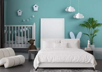 Blank photo frame for mockup and doll on floor, 3D rendering Wall mural