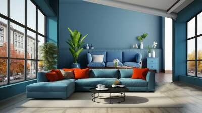 Blue sofa in blue living room with copy space, 3D rendering Wall mural