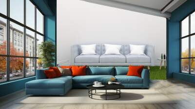 sofa on grass in white living room and blank space for text, 3D rendering Wall mural