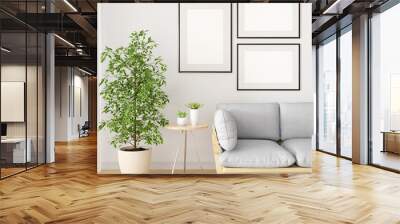 White living room with three frame mockup, 3D rendering Wall mural