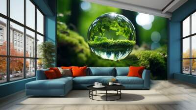 A green tree seen through the lens ball. A lens ball on green moss., Green nature in the water ball Wall mural