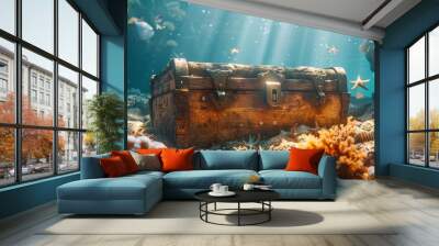 A treasure chest in the sea surrounded by coral and starfish under sunlight Wall mural