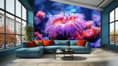 Anemone under the sea, coral anemone underwater in ocean sea. Wall mural